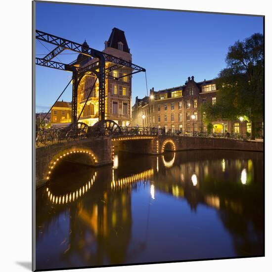 Doelen Hotel, Kloveniersburgwal, Lights, Reflexion, in the Evening, Amsterdam, the Netherlands-Rainer Mirau-Mounted Photographic Print