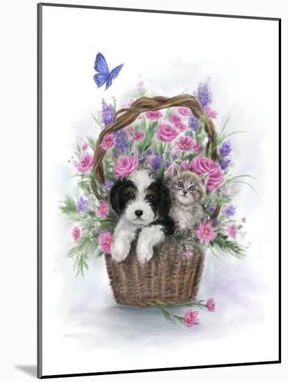 Dog and Cat in Flower Basket-MAKIKO-Mounted Giclee Print