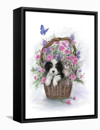 Dog and Cat in Flower Basket-MAKIKO-Framed Premier Image Canvas