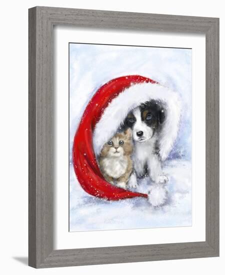 Dog and cat under Santa's hat-MAKIKO-Framed Giclee Print