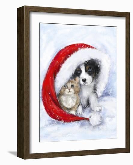 Dog and cat under Santa's hat-MAKIKO-Framed Giclee Print