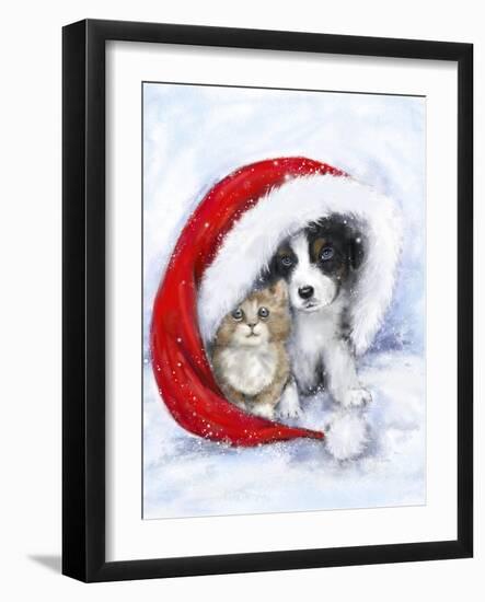 Dog and cat under Santa's hat-MAKIKO-Framed Giclee Print