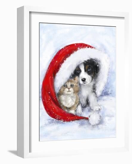 Dog and cat under Santa's hat-MAKIKO-Framed Giclee Print