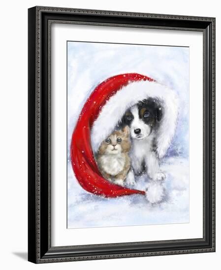 Dog and cat under Santa's hat-MAKIKO-Framed Giclee Print