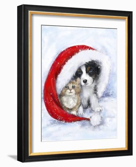 Dog and cat under Santa's hat-MAKIKO-Framed Giclee Print