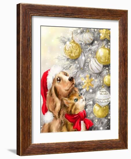 Dog and Cat with Baubles-MAKIKO-Framed Giclee Print