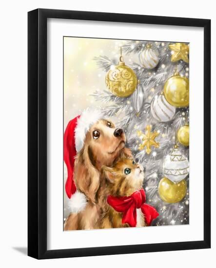 Dog and Cat with Baubles-MAKIKO-Framed Giclee Print