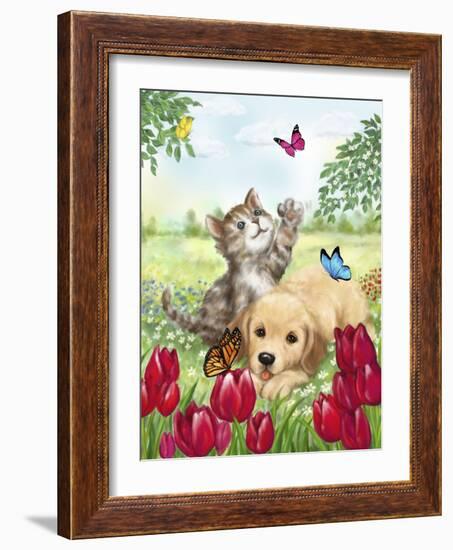 Dog and Cat with Butterflies-MAKIKO-Framed Giclee Print