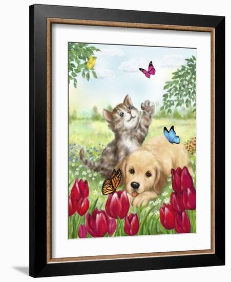 Dog and Cat with Butterflies-MAKIKO-Framed Giclee Print