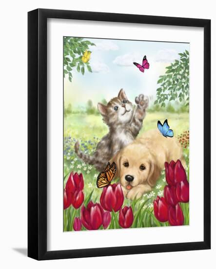 Dog and Cat with Butterflies-MAKIKO-Framed Giclee Print