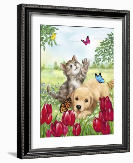 Dog and Cat with Butterflies-MAKIKO-Framed Giclee Print