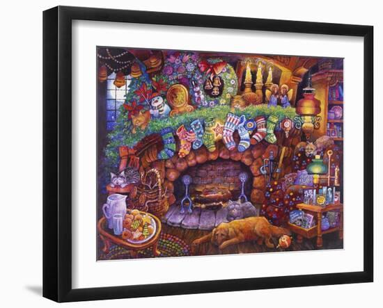 Dog and Cats Sleep in Front of Fireplace with Stockings-Bill Bell-Framed Giclee Print