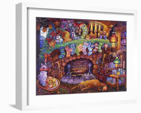 Dog and Cats Sleep in Front of Fireplace with Stockings-Bill Bell-Framed Giclee Print