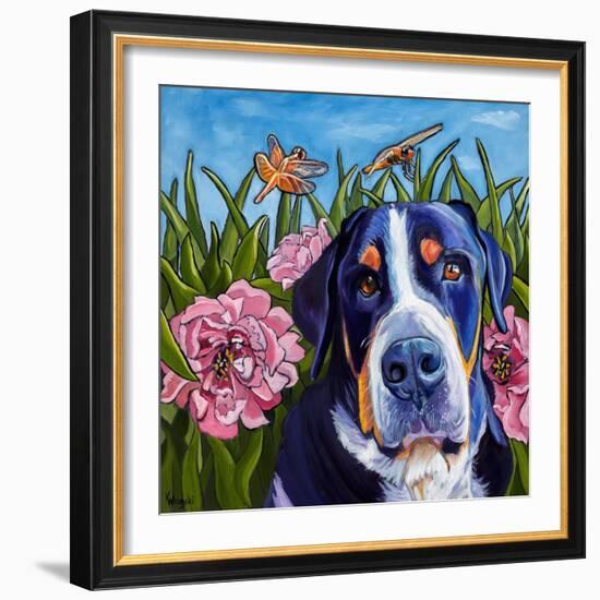 Dog and Dragonflies-Kathryn Wronski-Framed Art Print