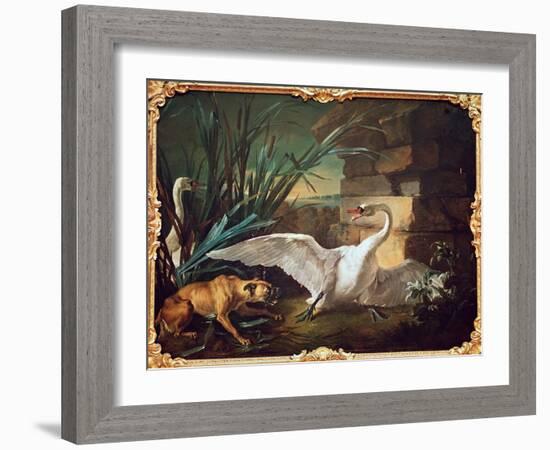 Dog and Swans (Oil on Canvas)-Jean-Baptiste Oudry-Framed Giclee Print