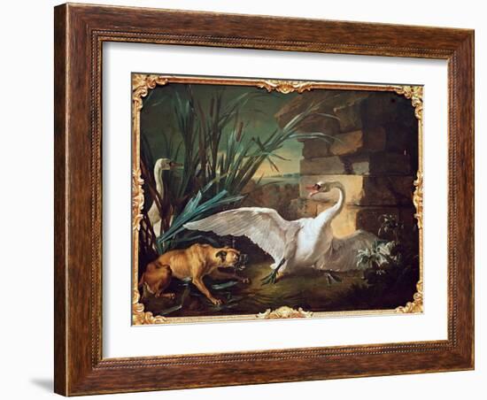 Dog and Swans (Oil on Canvas)-Jean-Baptiste Oudry-Framed Giclee Print