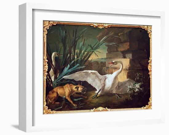 Dog and Swans (Oil on Canvas)-Jean-Baptiste Oudry-Framed Giclee Print