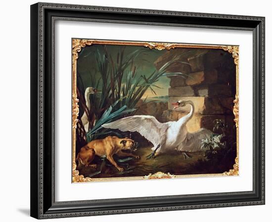 Dog and Swans (Oil on Canvas)-Jean-Baptiste Oudry-Framed Giclee Print