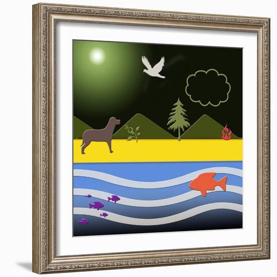 Dog At Beach-Art Deco Designs-Framed Giclee Print