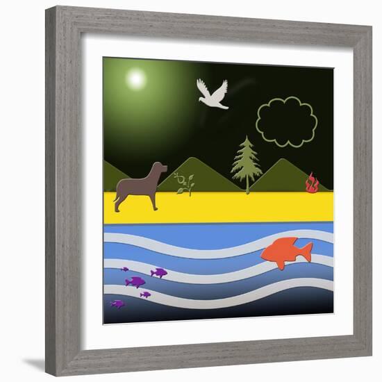 Dog At Beach-Art Deco Designs-Framed Giclee Print