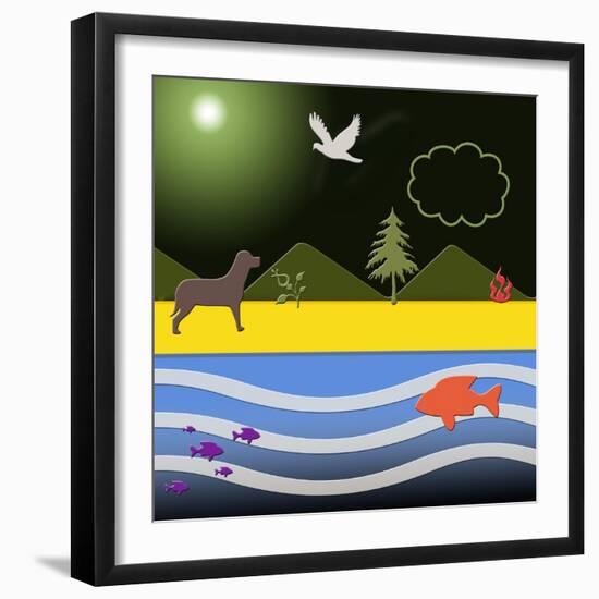 Dog At Beach-Art Deco Designs-Framed Giclee Print