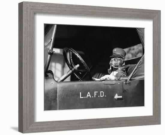 Dog at Fire Truck Wheel Smoking Pipe-null-Framed Photographic Print