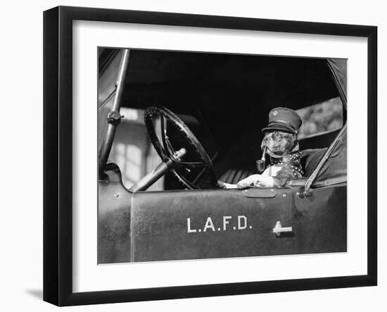 Dog at Fire Truck Wheel Smoking Pipe-null-Framed Photographic Print