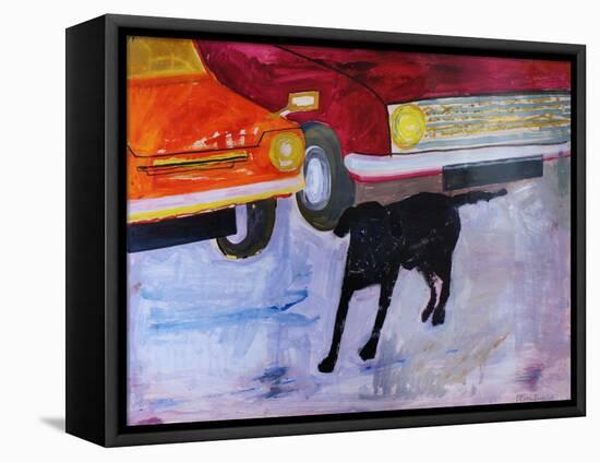 Dog at the Used Car Lot, Rex with Red Car-Brenda Brin Booker-Framed Premier Image Canvas
