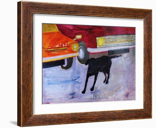 Dog at the Used Car Lot, Rex with Red Car-Brenda Brin Booker-Framed Giclee Print