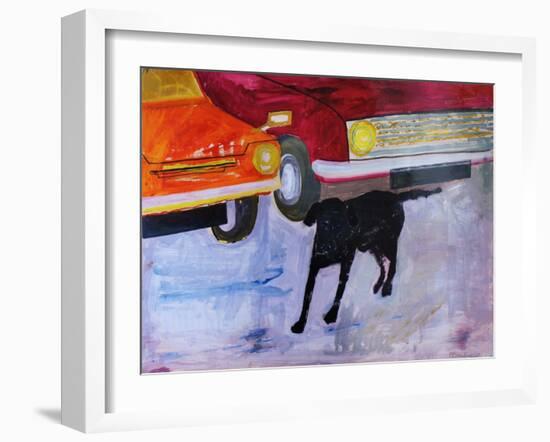 Dog at the Used Car Lot, Rex with Red Car-Brenda Brin Booker-Framed Giclee Print