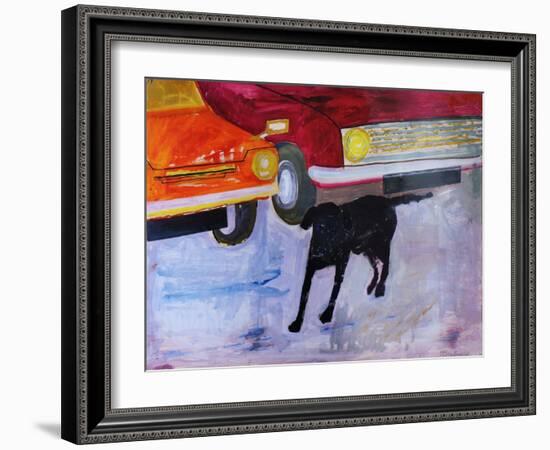 Dog at the Used Car Lot, Rex with Red Car-Brenda Brin Booker-Framed Giclee Print