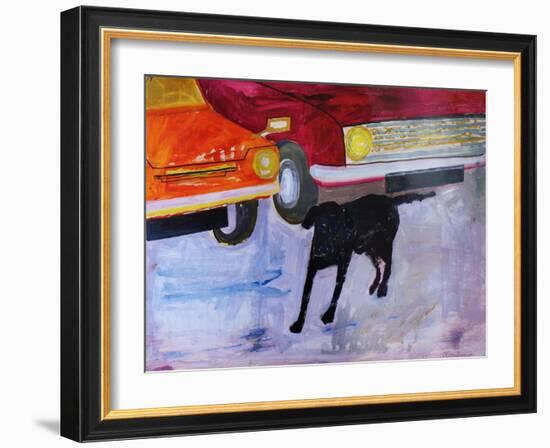 Dog at the Used Car Lot, Rex with Red Car-Brenda Brin Booker-Framed Giclee Print