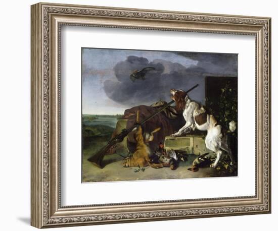 Dog Defending the Game, 1658 (Oil on Canvas)-Melchior de Hondecoeter-Framed Giclee Print