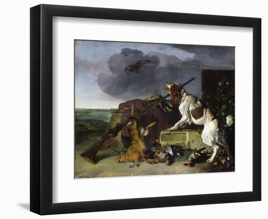 Dog Defending the Game, 1658 (Oil on Canvas)-Melchior de Hondecoeter-Framed Giclee Print