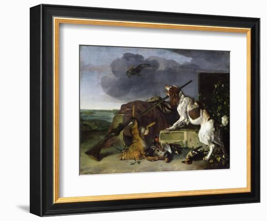 Dog Defending the Game, 1658 (Oil on Canvas)-Melchior de Hondecoeter-Framed Giclee Print