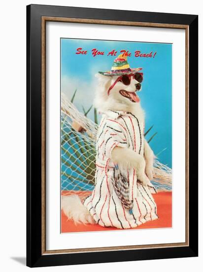 Dog Dressed in Beach Wear-null-Framed Art Print