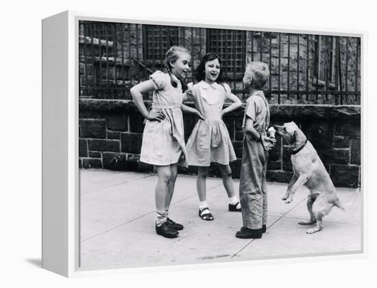 Dog Eating Ice Cream Cone Hidden behind Boy's Back-William Milnarik-Framed Premier Image Canvas