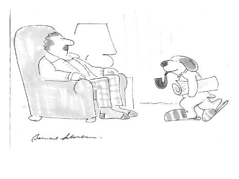 Dog holding paper, smoking pipe, wearing slippers. - Cartoon' Premium  Giclee Print - Bernard Schoenbaum 