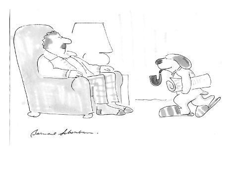 Dog holding paper, smoking pipe, wearing slippers. - Cartoon' Premium Giclee Print - Bernard Schoenbaum Dog holding paper, smoking pipe, wearing slippers. - Cartoon' Premium Giclee Print - Bernard Schoenbaum