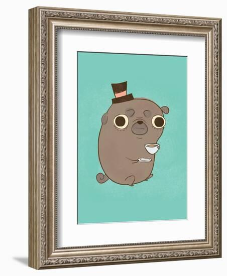 Dog in a top hat with a cup of tea - Hannah Stephey Cartoon Dog Print-Hannah Stephey-Framed Art Print