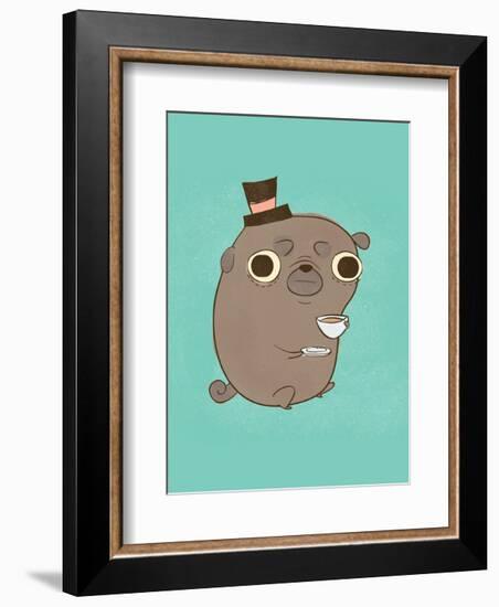 Dog in a top hat with a cup of tea - Hannah Stephey Cartoon Dog Print-Hannah Stephey-Framed Art Print