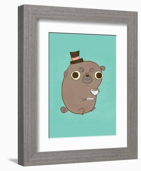 Dog in a top hat with a cup of tea - Hannah Stephey Cartoon Dog Print-Hannah Stephey-Framed Art Print