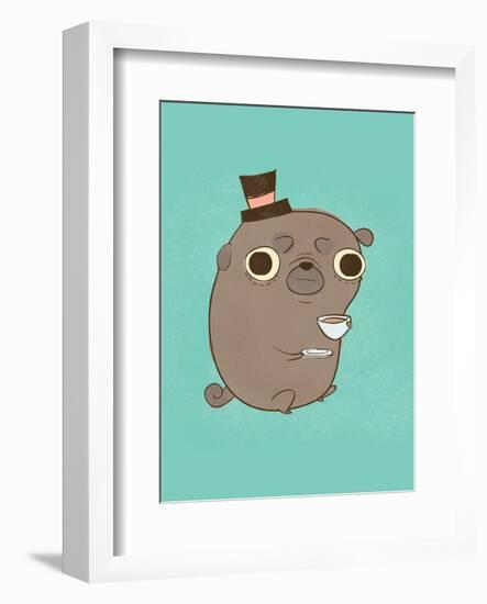 Dog in a top hat with a cup of tea - Hannah Stephey Cartoon Dog Print-Hannah Stephey-Framed Art Print