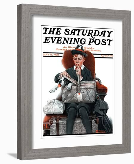 "Dog in Basket" or "Stowaway" Saturday Evening Post Cover, May 15,1920-Norman Rockwell-Framed Giclee Print