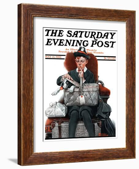 "Dog in Basket" or "Stowaway" Saturday Evening Post Cover, May 15,1920-Norman Rockwell-Framed Giclee Print