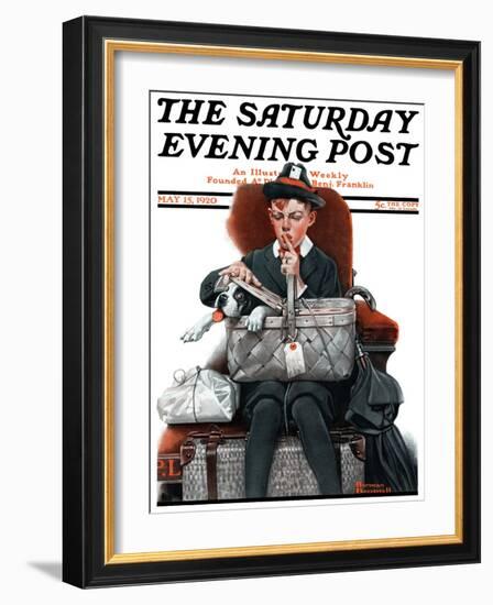 "Dog in Basket" or "Stowaway" Saturday Evening Post Cover, May 15,1920-Norman Rockwell-Framed Giclee Print