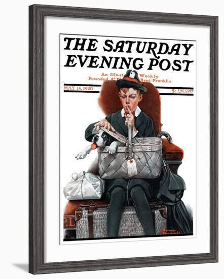 "Dog in Basket" or "Stowaway" Saturday Evening Post Cover, May 15,1920-Norman Rockwell-Framed Giclee Print