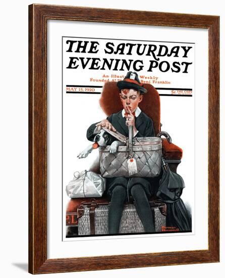 "Dog in Basket" or "Stowaway" Saturday Evening Post Cover, May 15,1920-Norman Rockwell-Framed Giclee Print