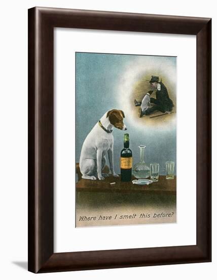 Dog Reminiscing with Whisky Bottle-null-Framed Art Print