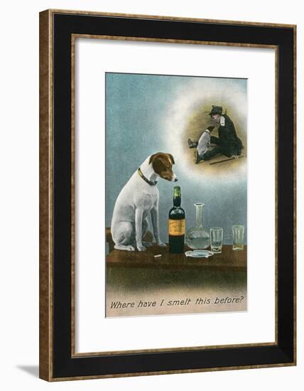 Dog Reminiscing with Whisky Bottle-null-Framed Art Print